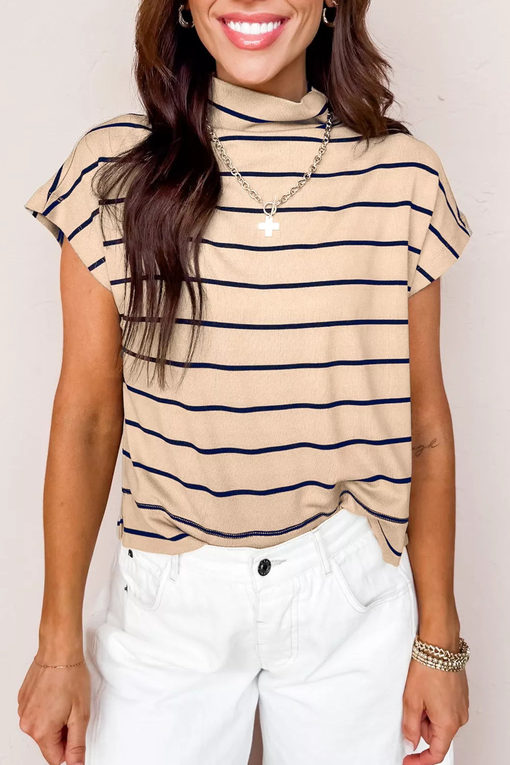 Stripe Mock Neck Short Sleeve Loose Top