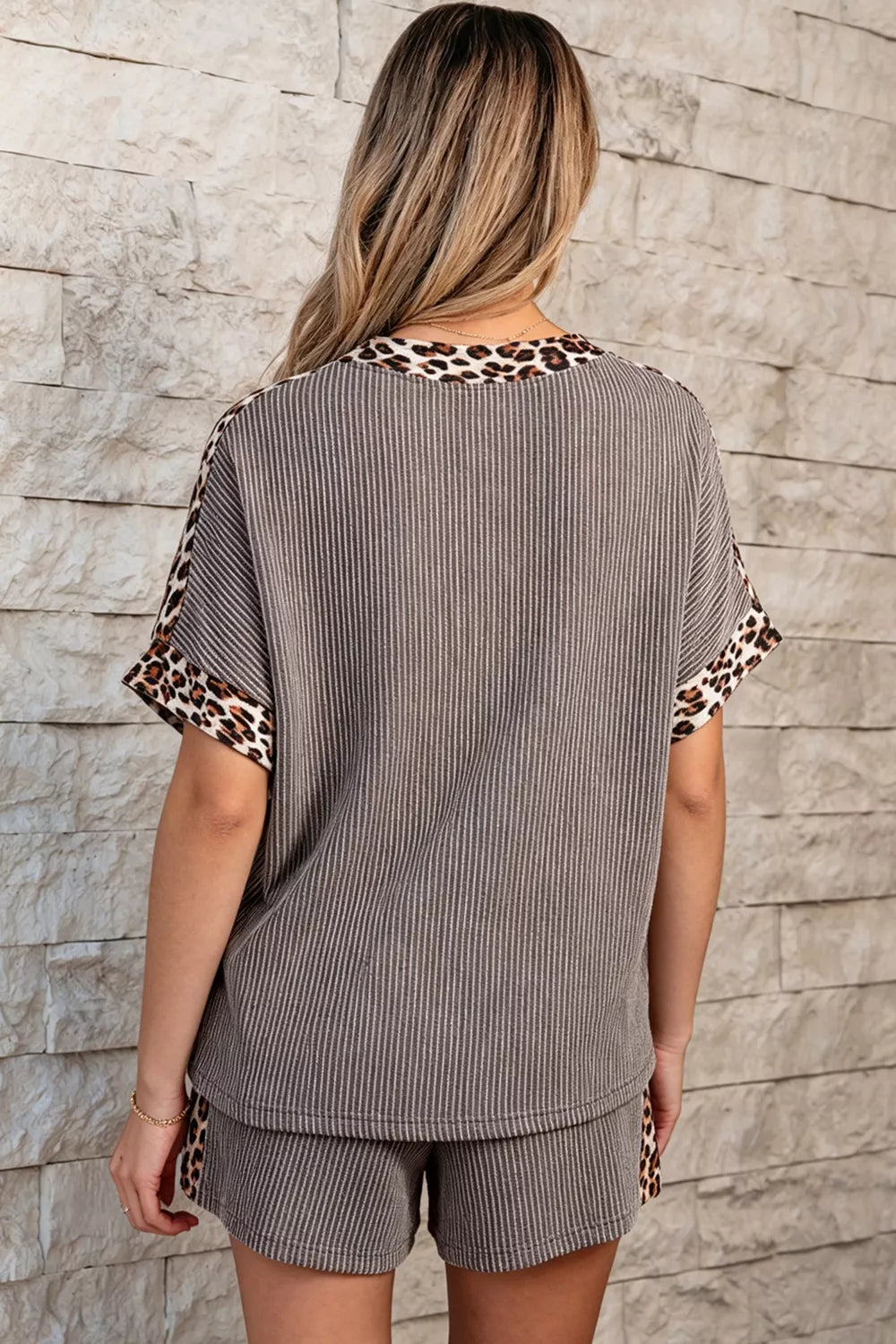 Leopard Trim Ribbed Knit Tee and Shorts Set