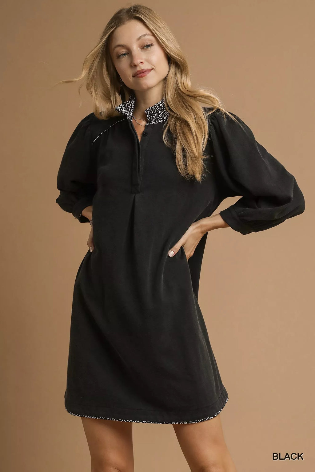 Umgee French Terry Balloon Sleeve Shift Dress with Leopard Print Detail