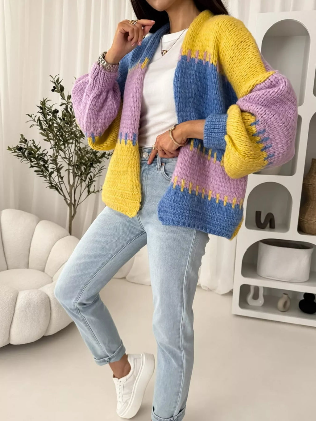 Color Block Open Front Cardigan