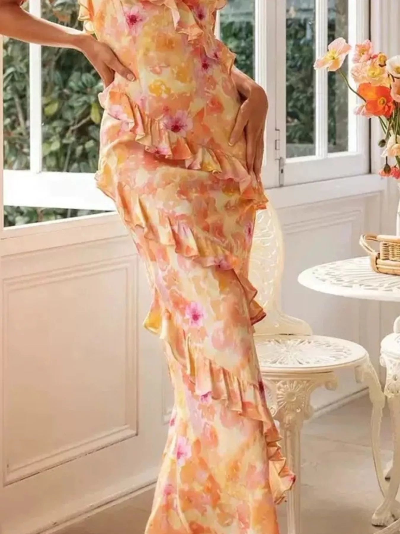 Floral Print Ruffle Trim Spaghetti Strap Maxi Dress