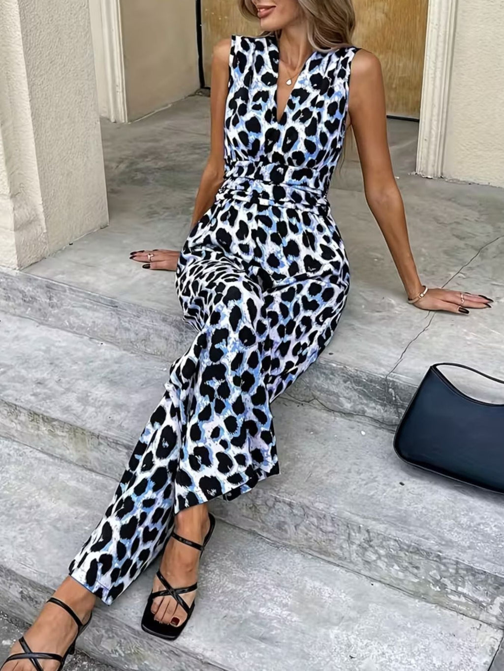 Sleeveless V-Neck Leopard Print Wide Leg Jumpsuit