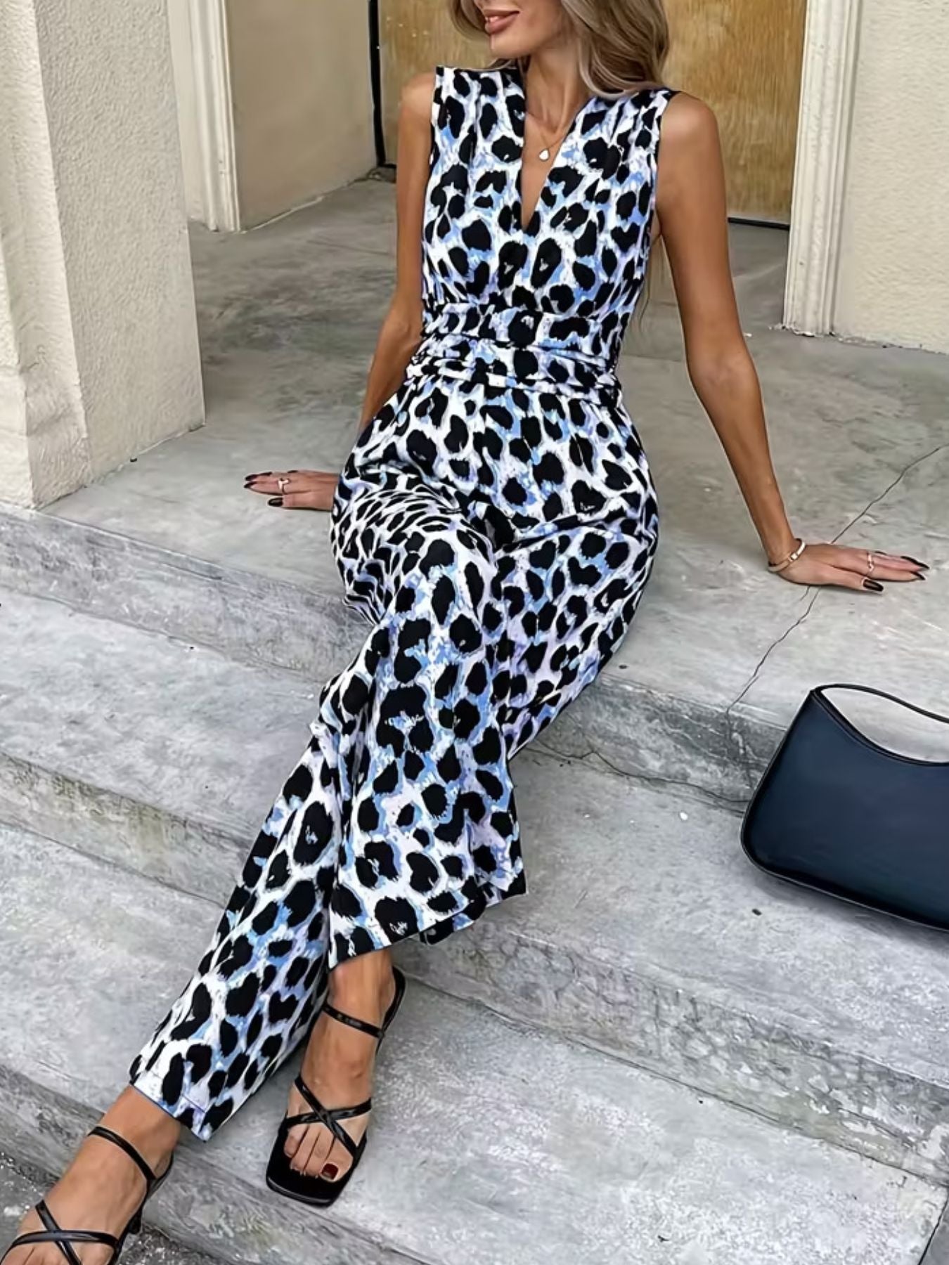 Sleeveless V-Neck Leopard Print Wide Leg Jumpsuit