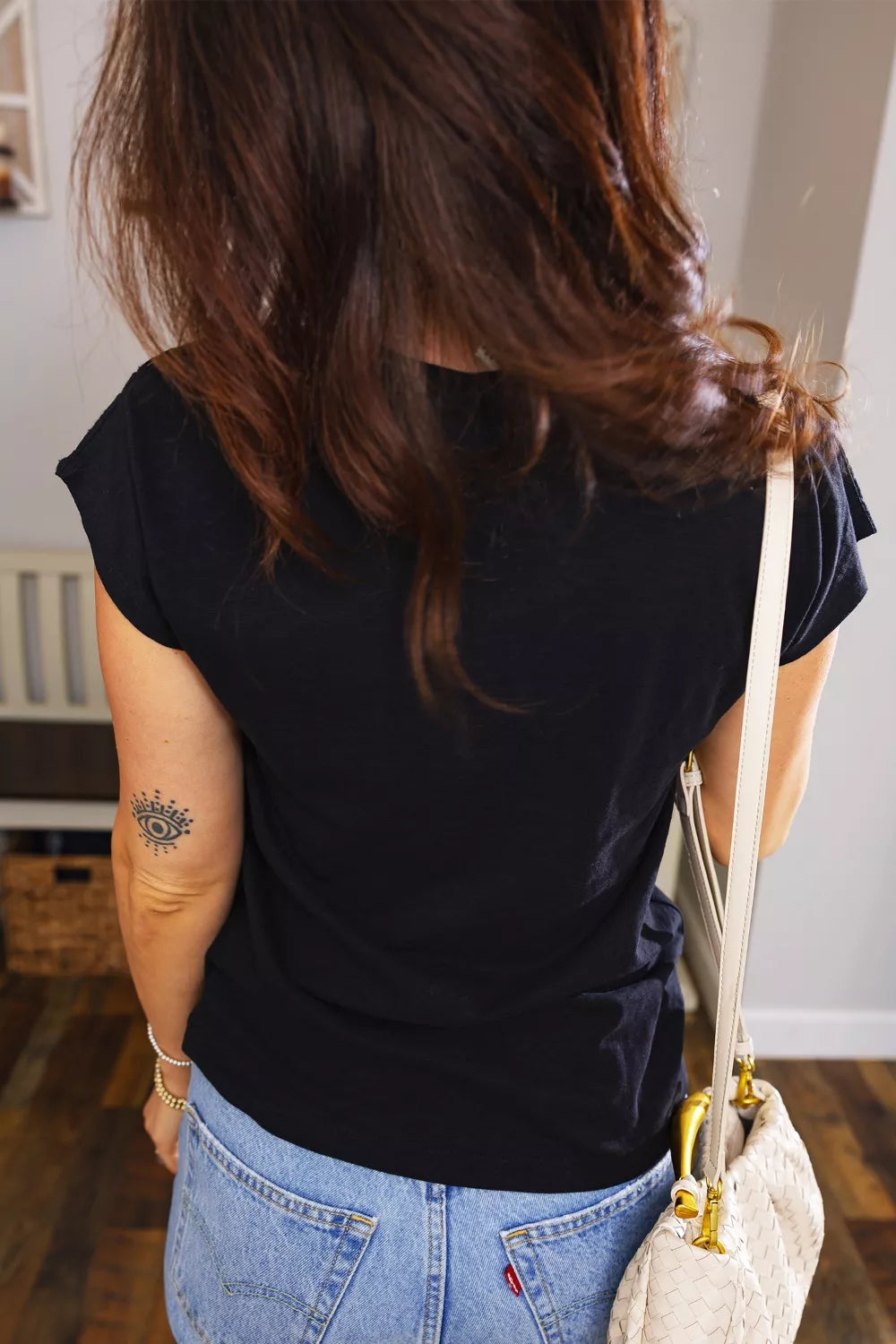 Cutout Embroidered Trim V Neck Cap Sleeve Tee