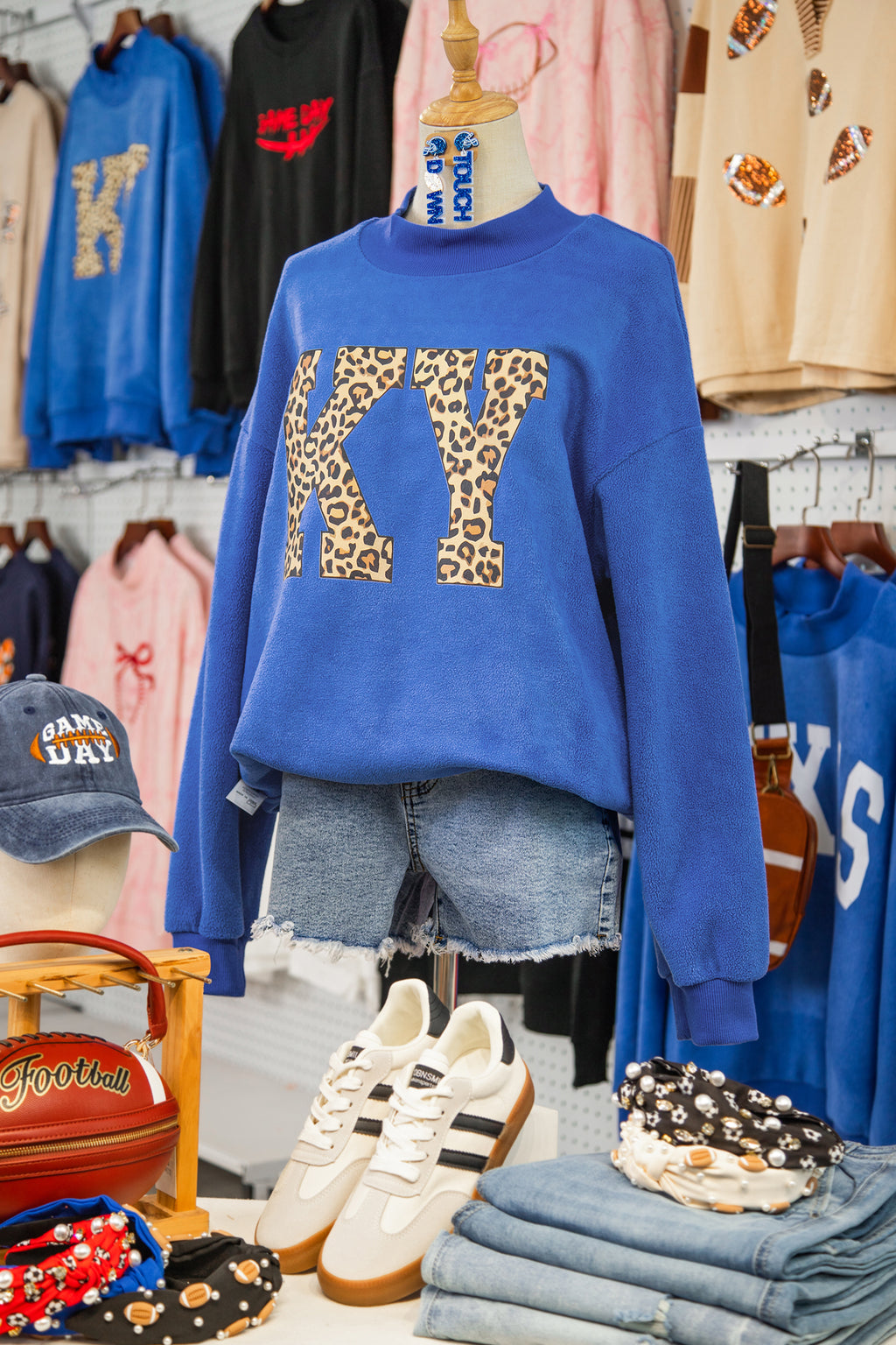 Dark Blue KENTUCKY Leopard KY Letter Print Reversible High Neck Sweatshirt