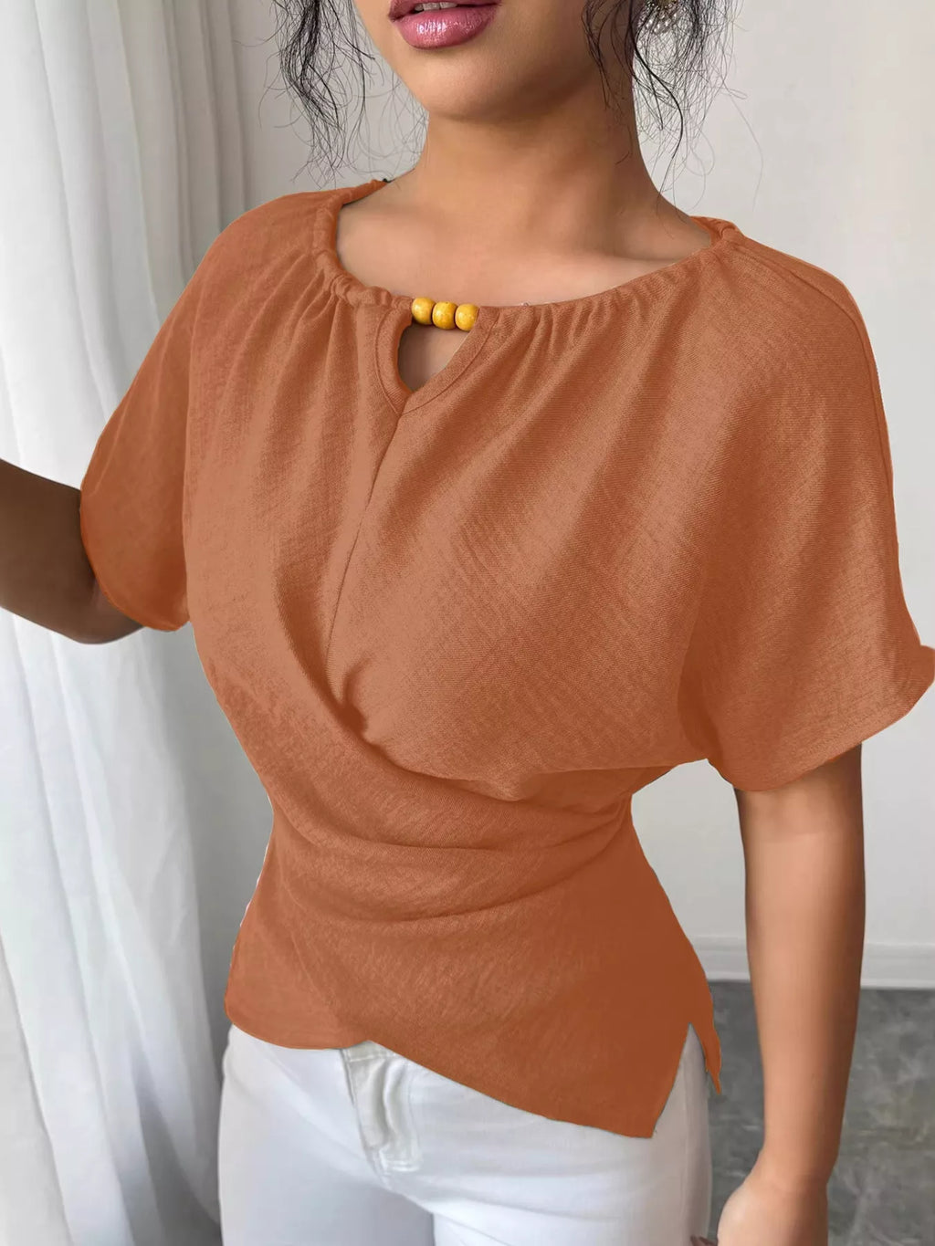 Beaded Neckline Short Sleeve Blouse