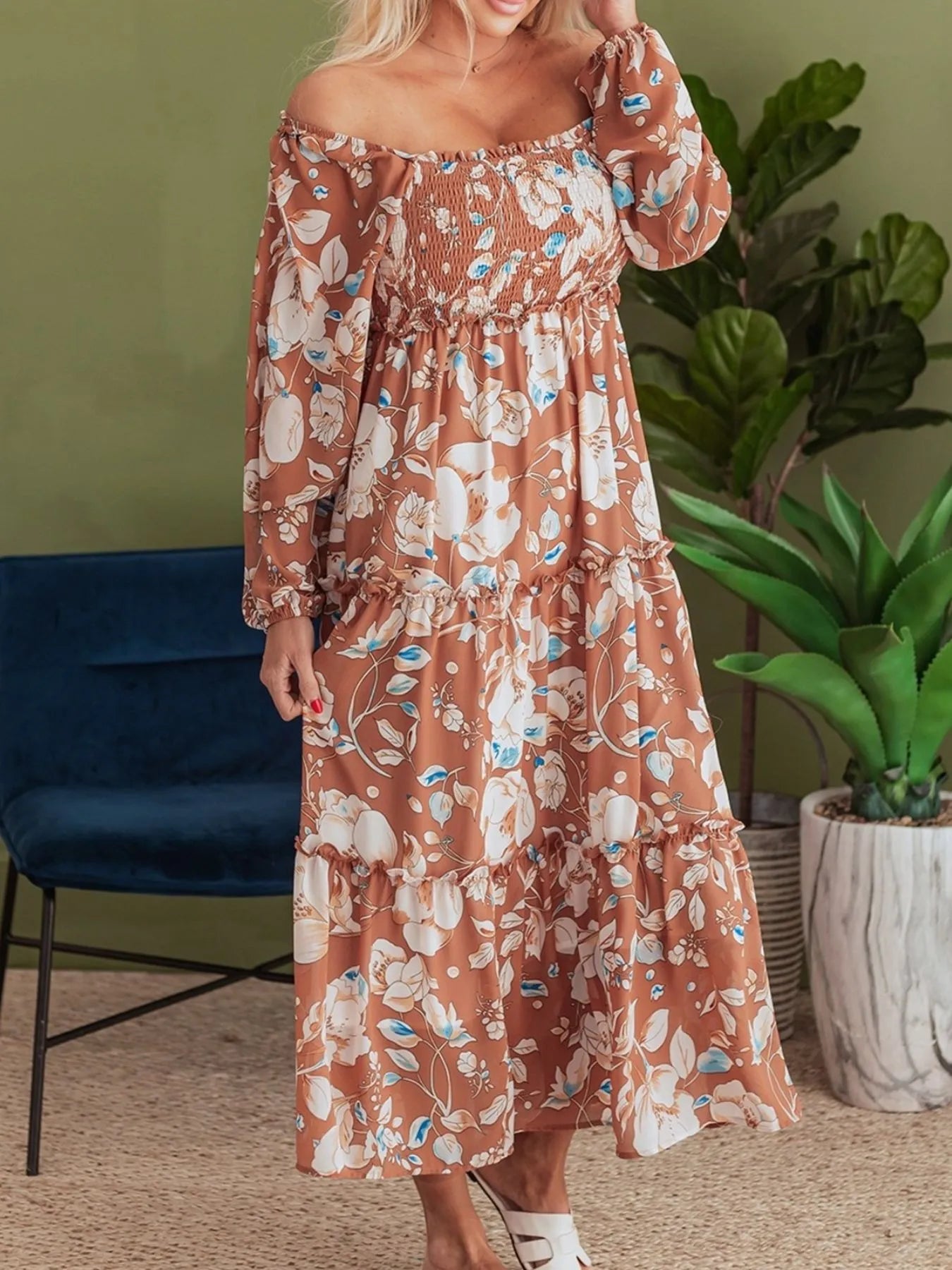 Smocked Printed Long Sleeve Tiered Dress