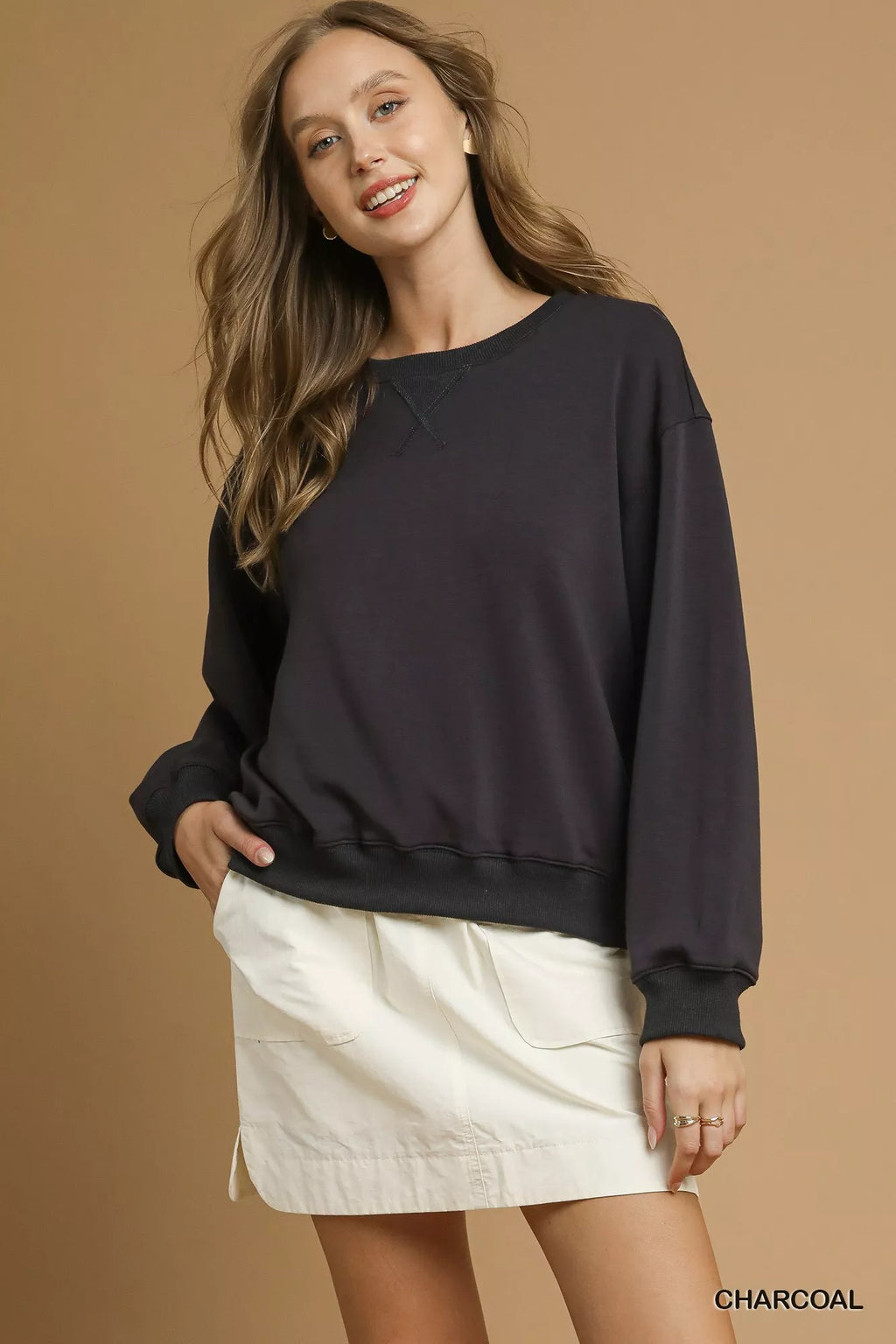 Umgee Round Neck Long Sleeve Fleece Sweatshirt