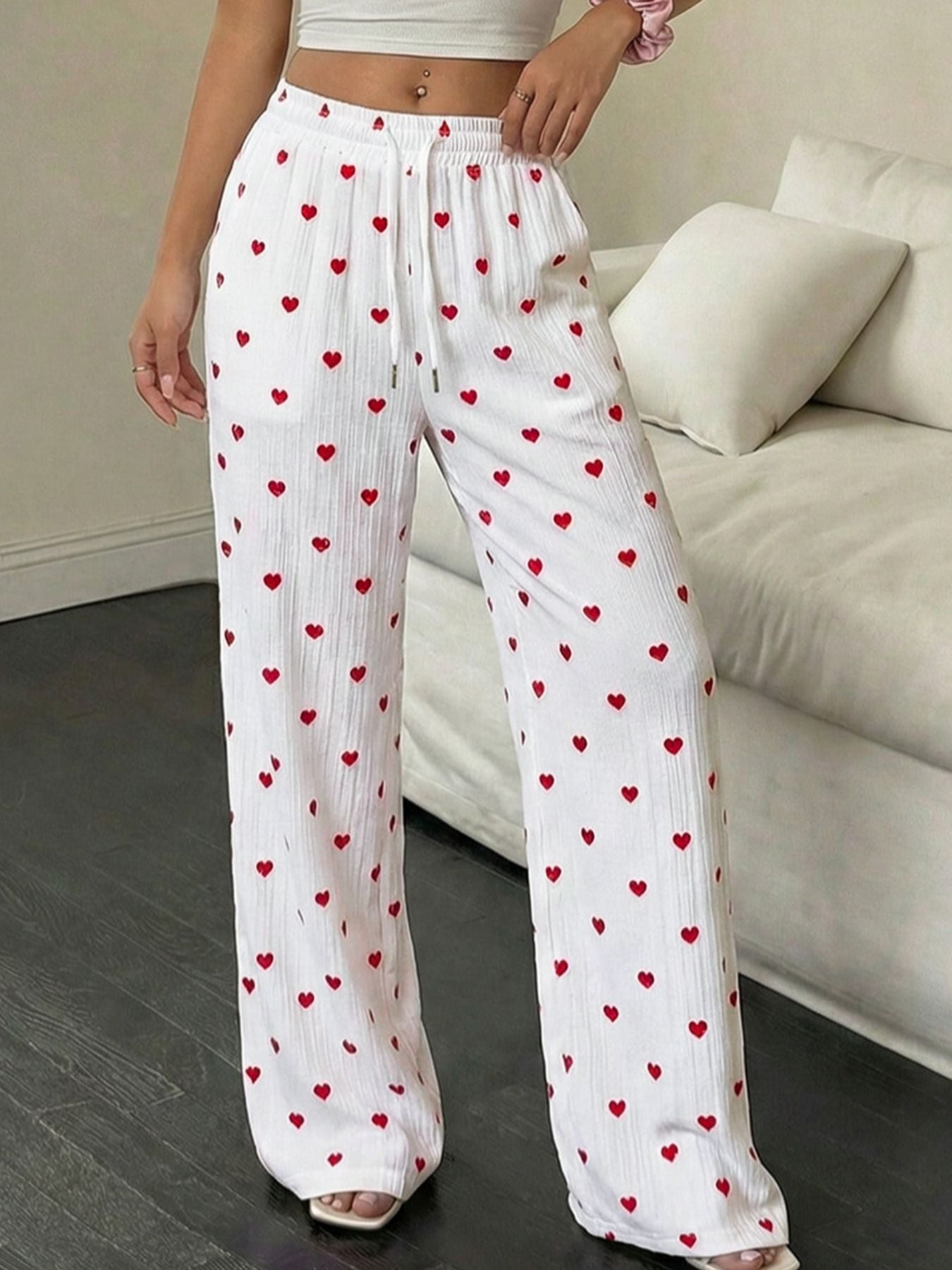 Heart Print Drawstring Waist Wide Leg Pants