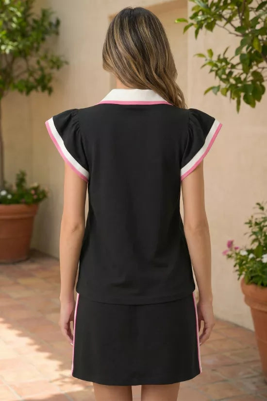 Contrast Trim Cap Sleeve Blouse and Skirt Set
