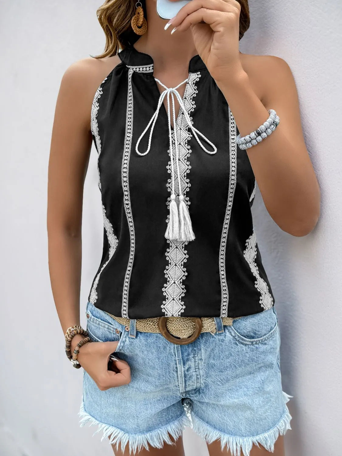 Tassel Tied Embroidered Tank