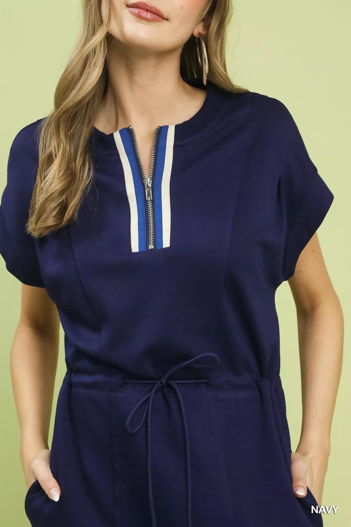 Umgee Knit Zip Front Drawstring Dress