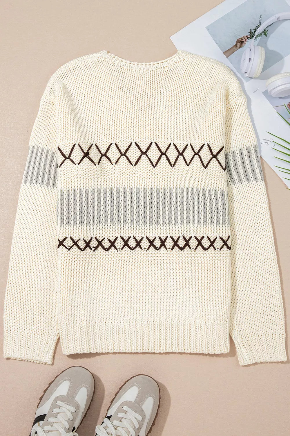 V-Neck Knit Long Sleeve Sweater