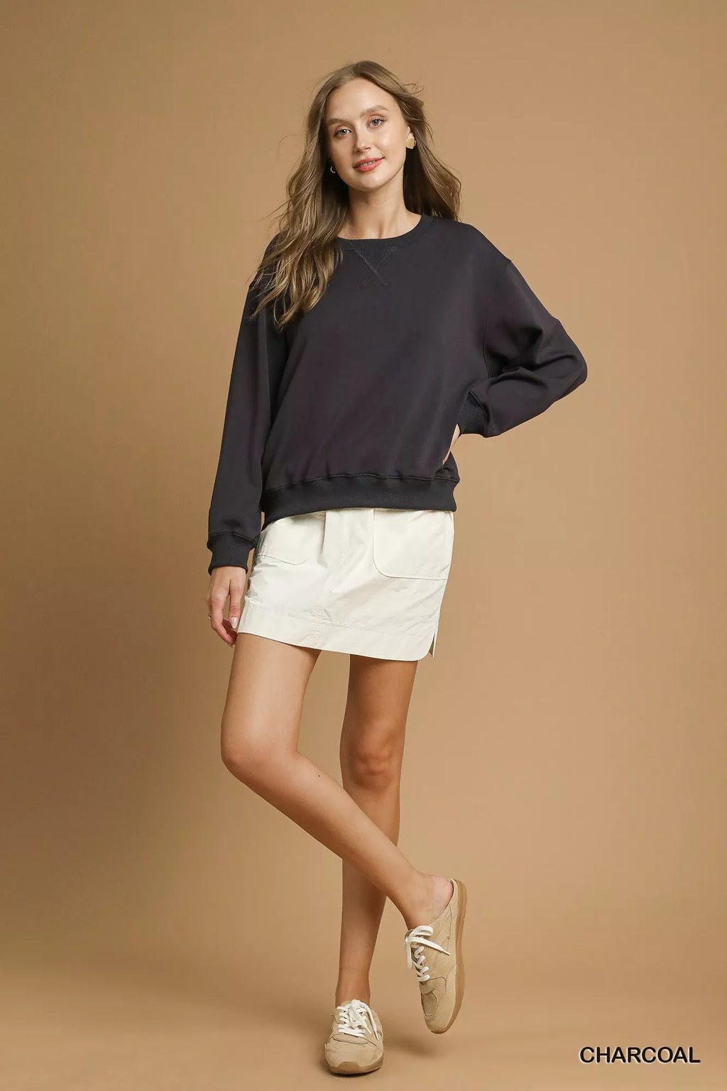 Umgee Round Neck Long Sleeve Fleece Sweatshirt