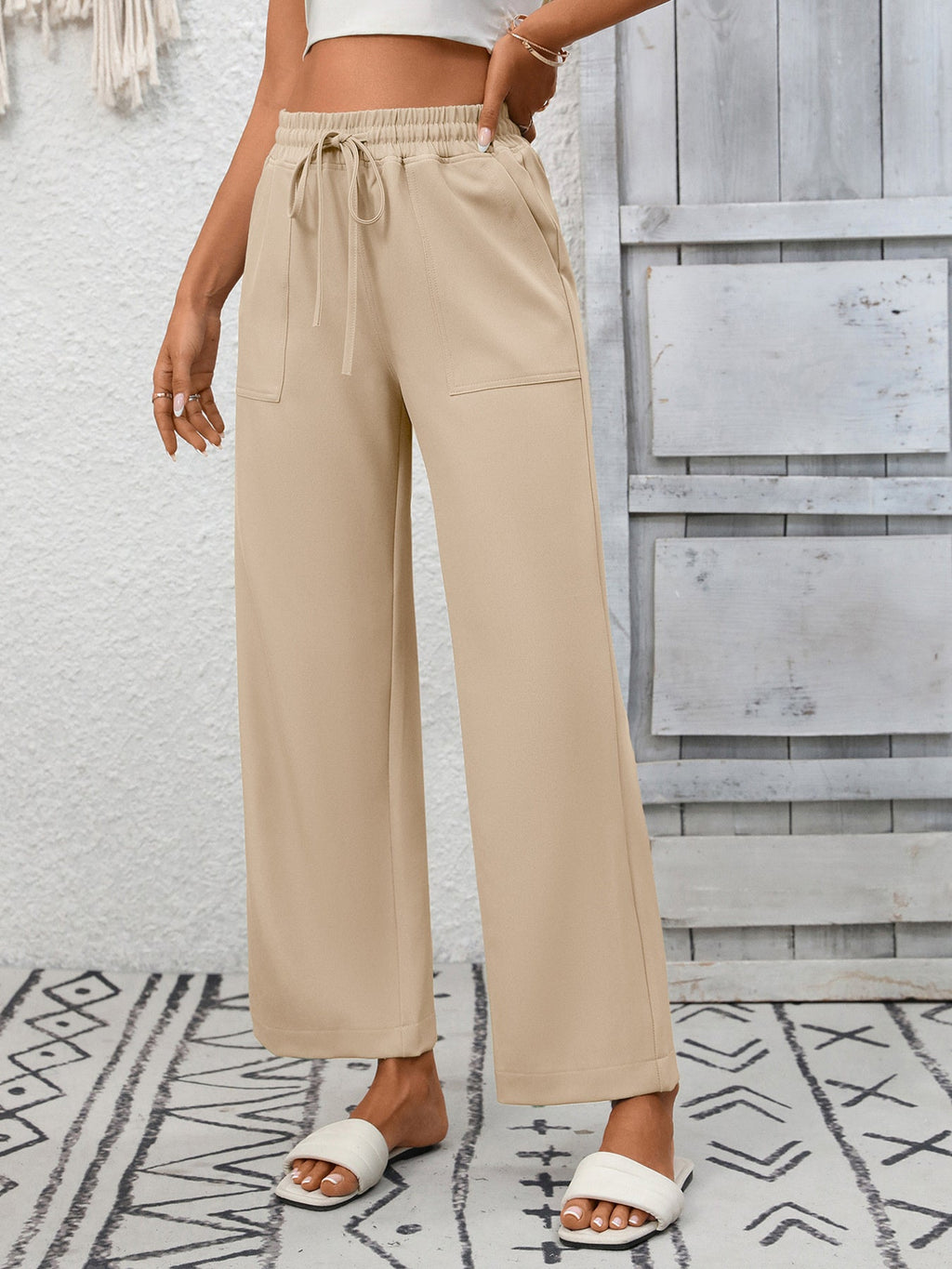 Casual Drawstring Wide Leg Pants