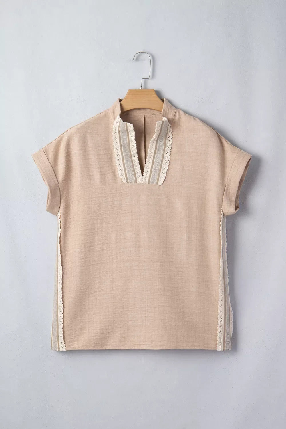 Crochet Lace Accent Pullover Rolled Short Sleeve Blouse
