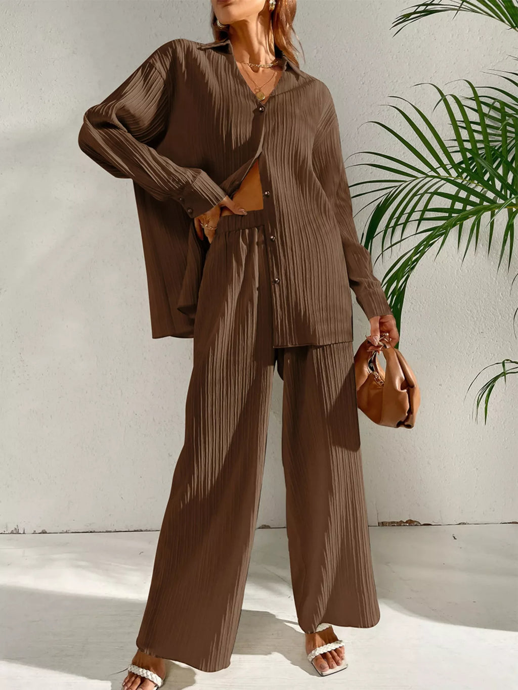 Long Sleeve Shirt & Wide Leg Pants Set