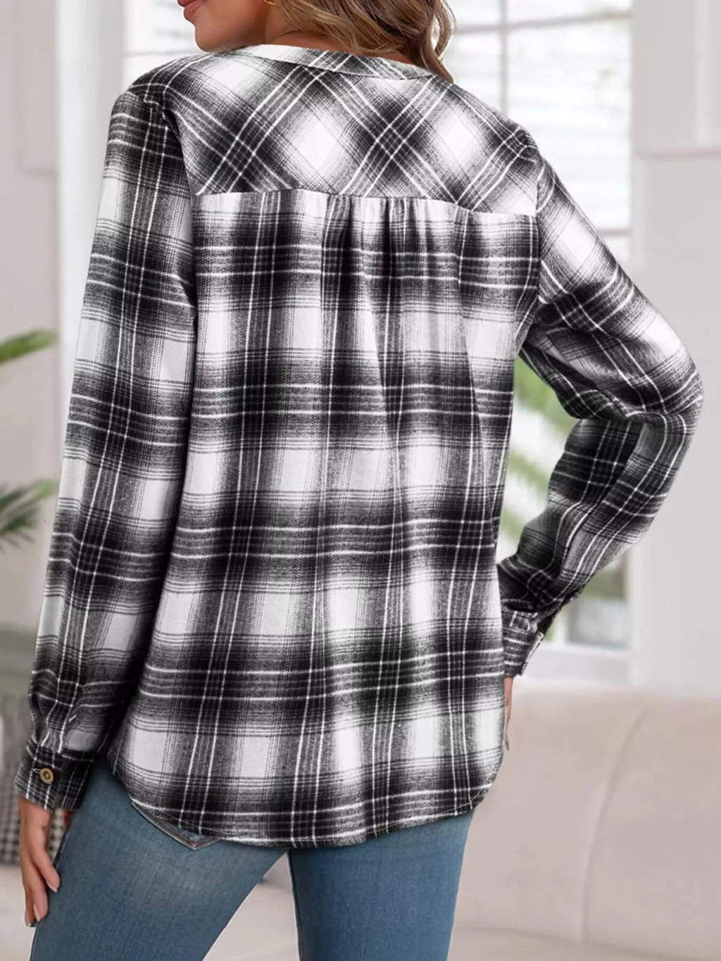 Plaid Half Button Long Sleeve Blouse