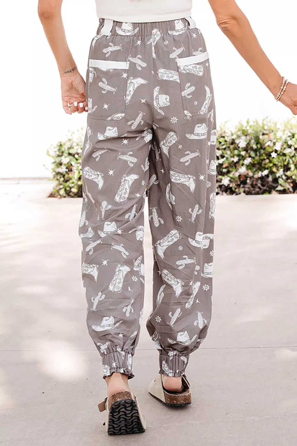 Western Cactus Cowgirl Hat Boot Printed Vintage Drawstring Jogger Pants