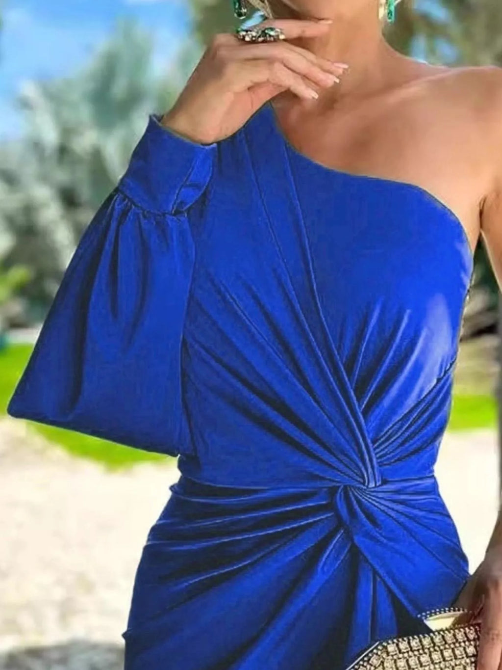 Full Size One-Shoulder Knot Detail Slit Maxi Dress Plus Size
