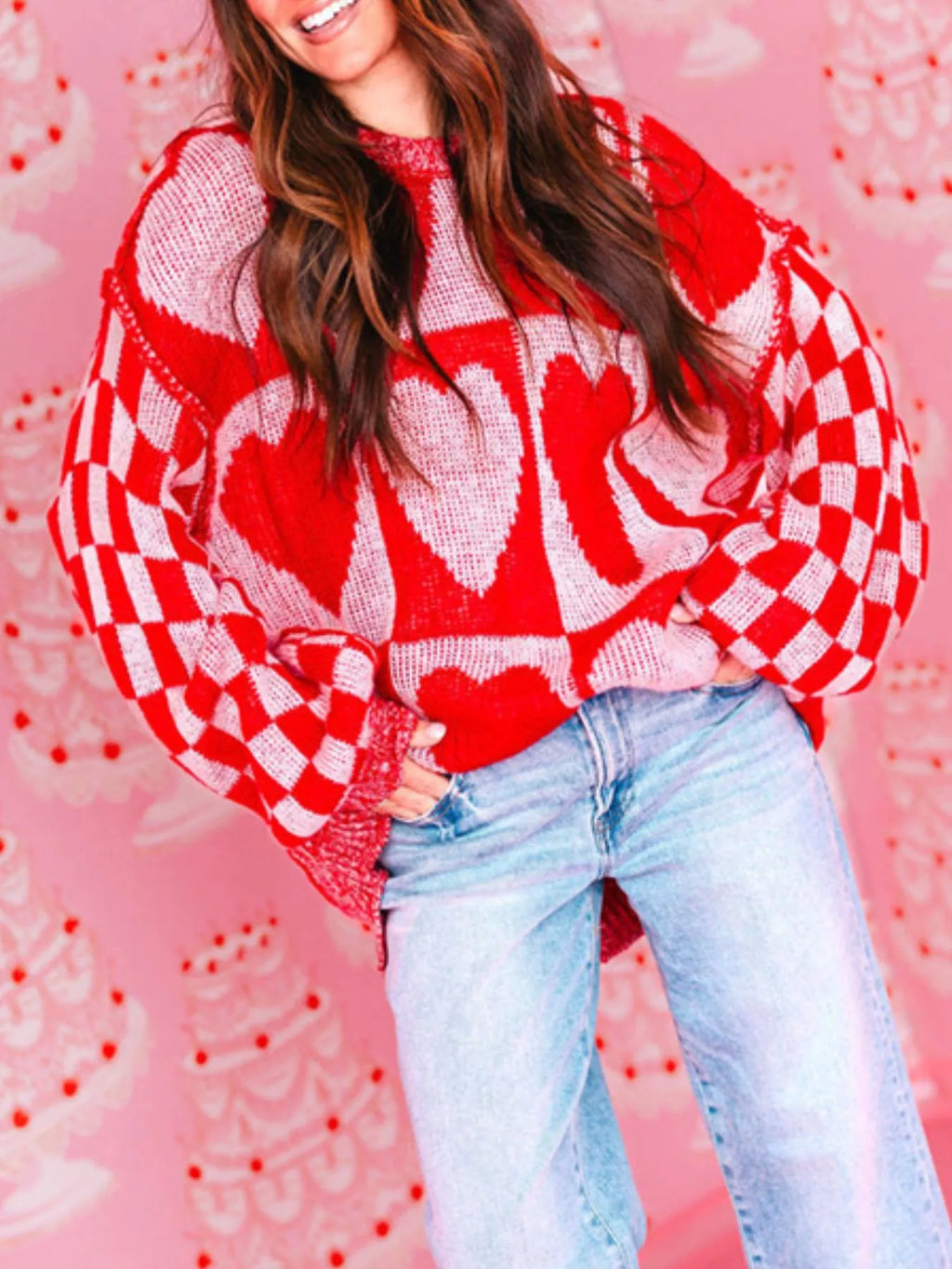 Heart Pattern Checkerboard Knit Sweater