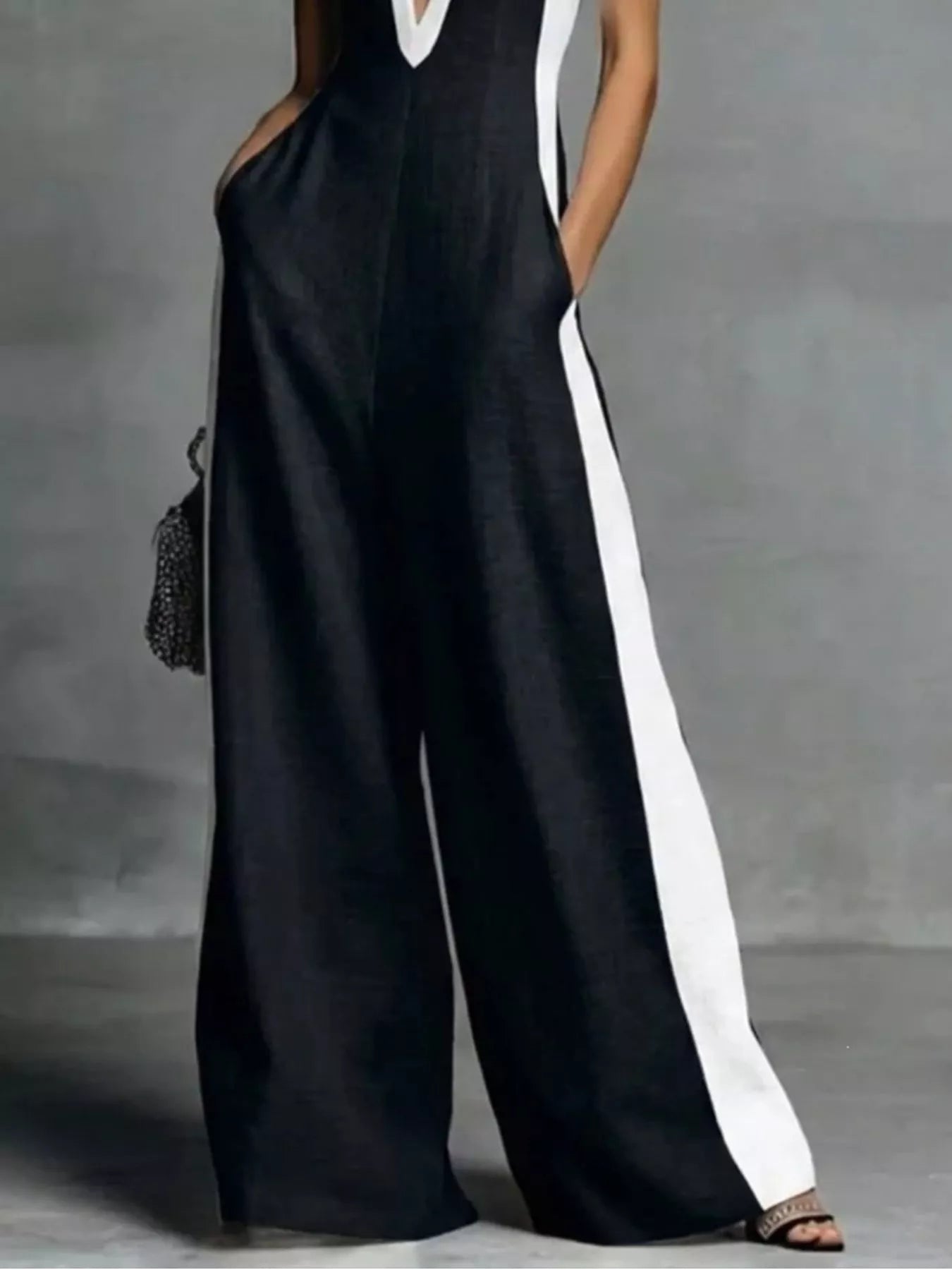 Deep V-Neck Wide-Leg Jumpsuit with Contrast Trim