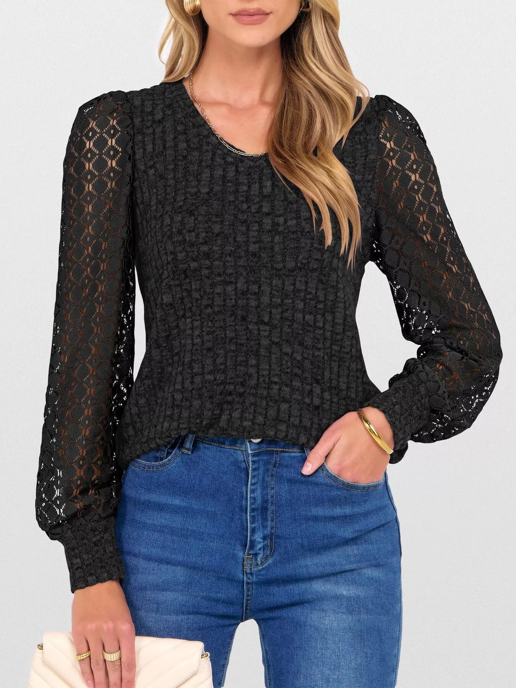 Lace Sleeve V-Neck T-Shirt