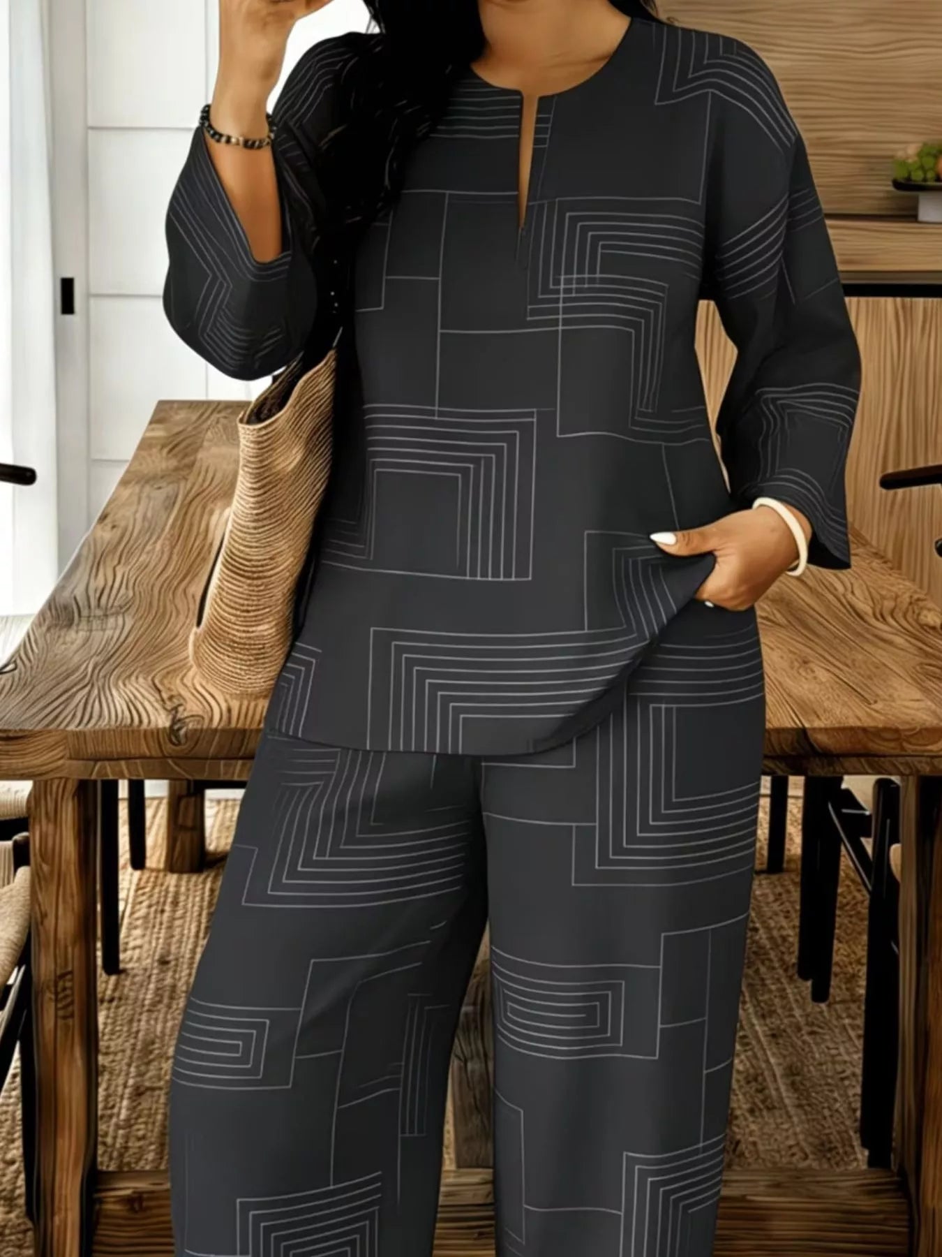 Geometric Print Relaxed Fit Top and Pants Set