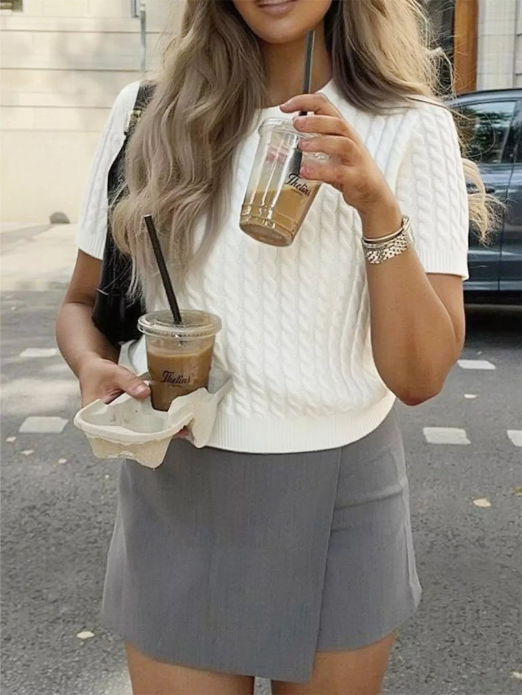 Cable-Knit Short Sleeve Sweater