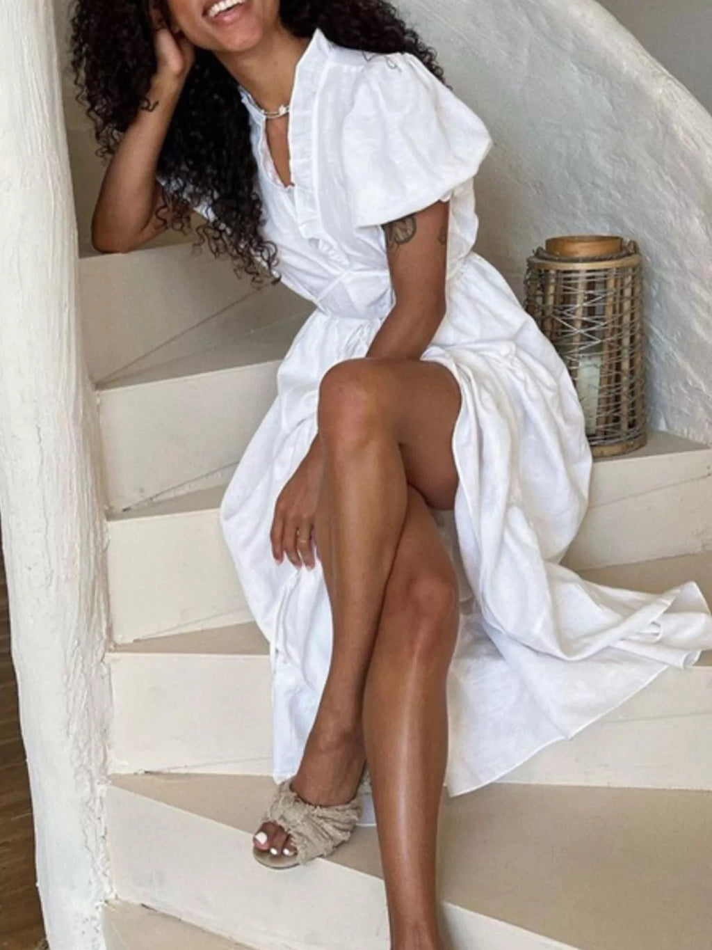 Tie Waist Puff Sleeve Maxi Dress