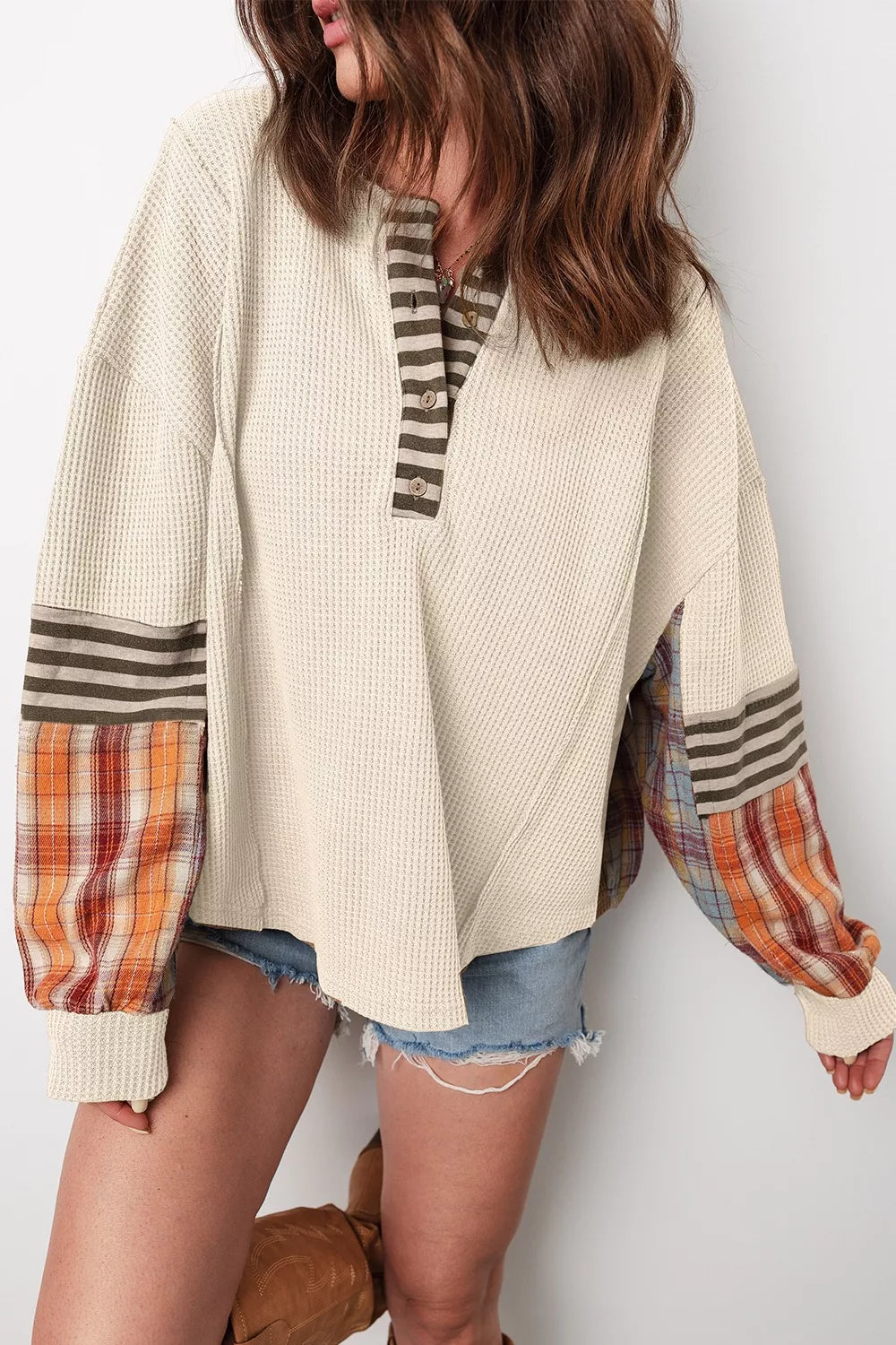 Waffle Knit Plaid Patchwork Long Sleeve Blouse
