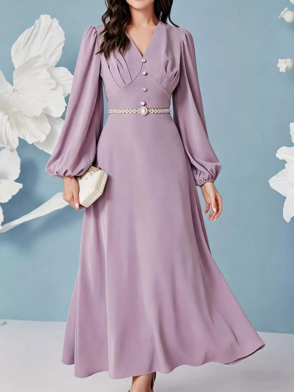 V-Neck Balloon Sleeve Maxi Dress