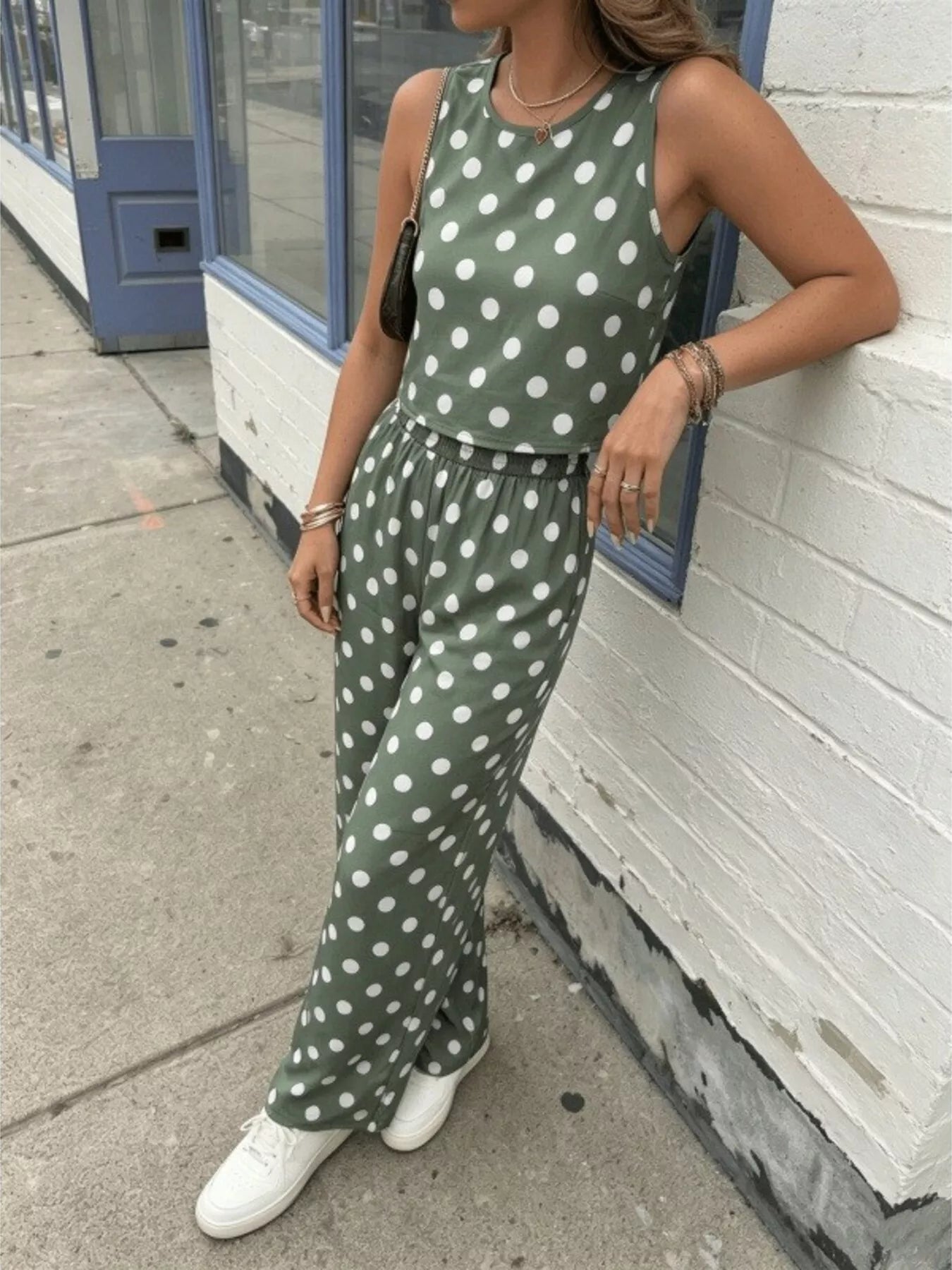 Polka Dot Sleeveless Top and Wide Leg Pants Set