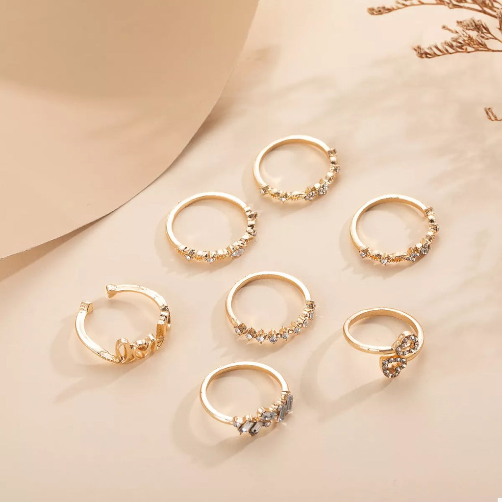 7 Piece 18K Gold-Plated LOVE Zircon Ring Set
