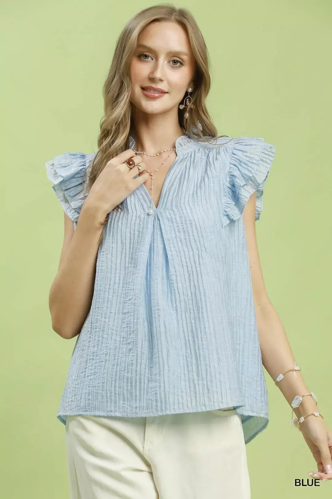 Umgee Textured Ruffle Sleeve Split V Neck Top