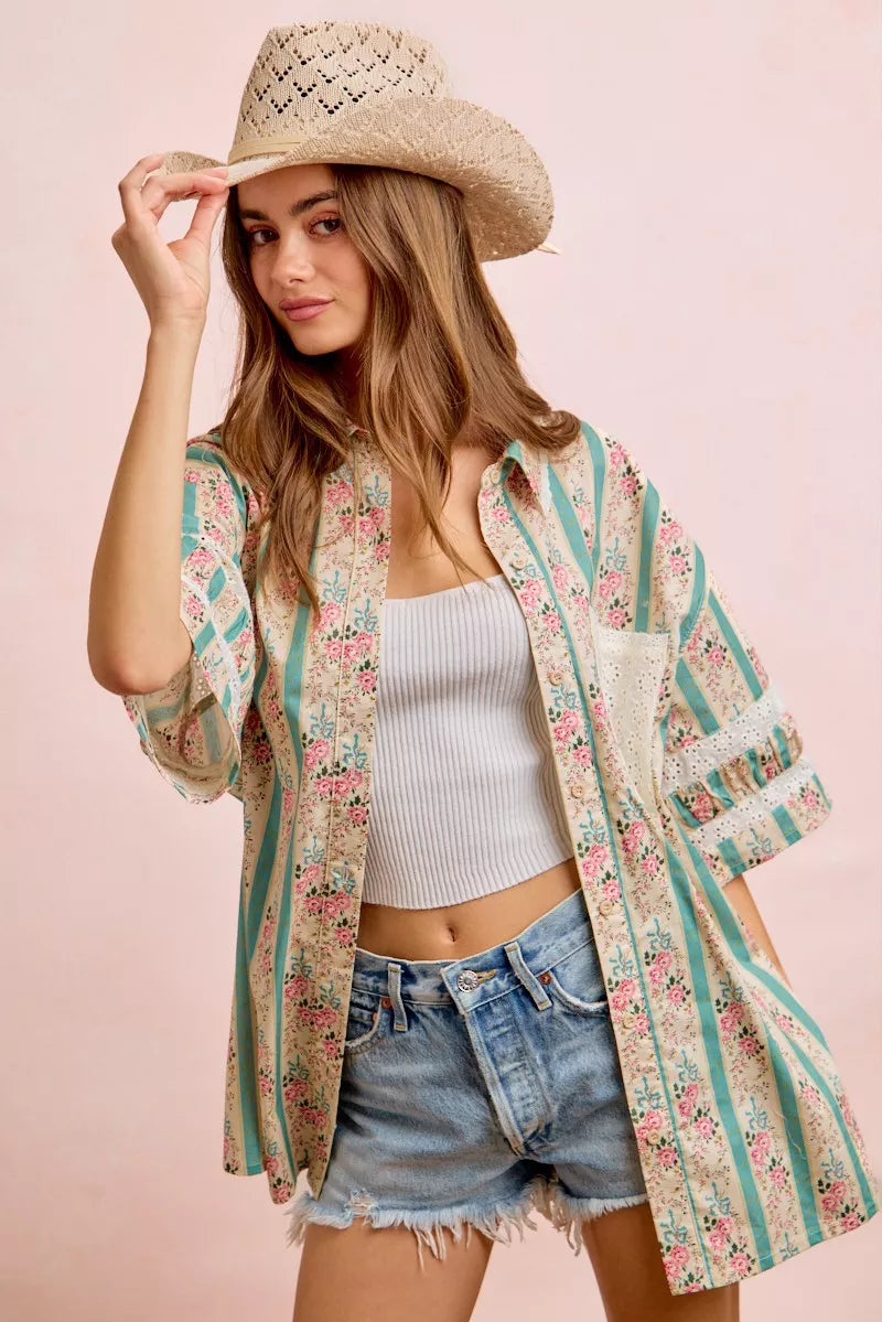 BiBi Eyelet Lace And Floral Mix And Match Shirt Top