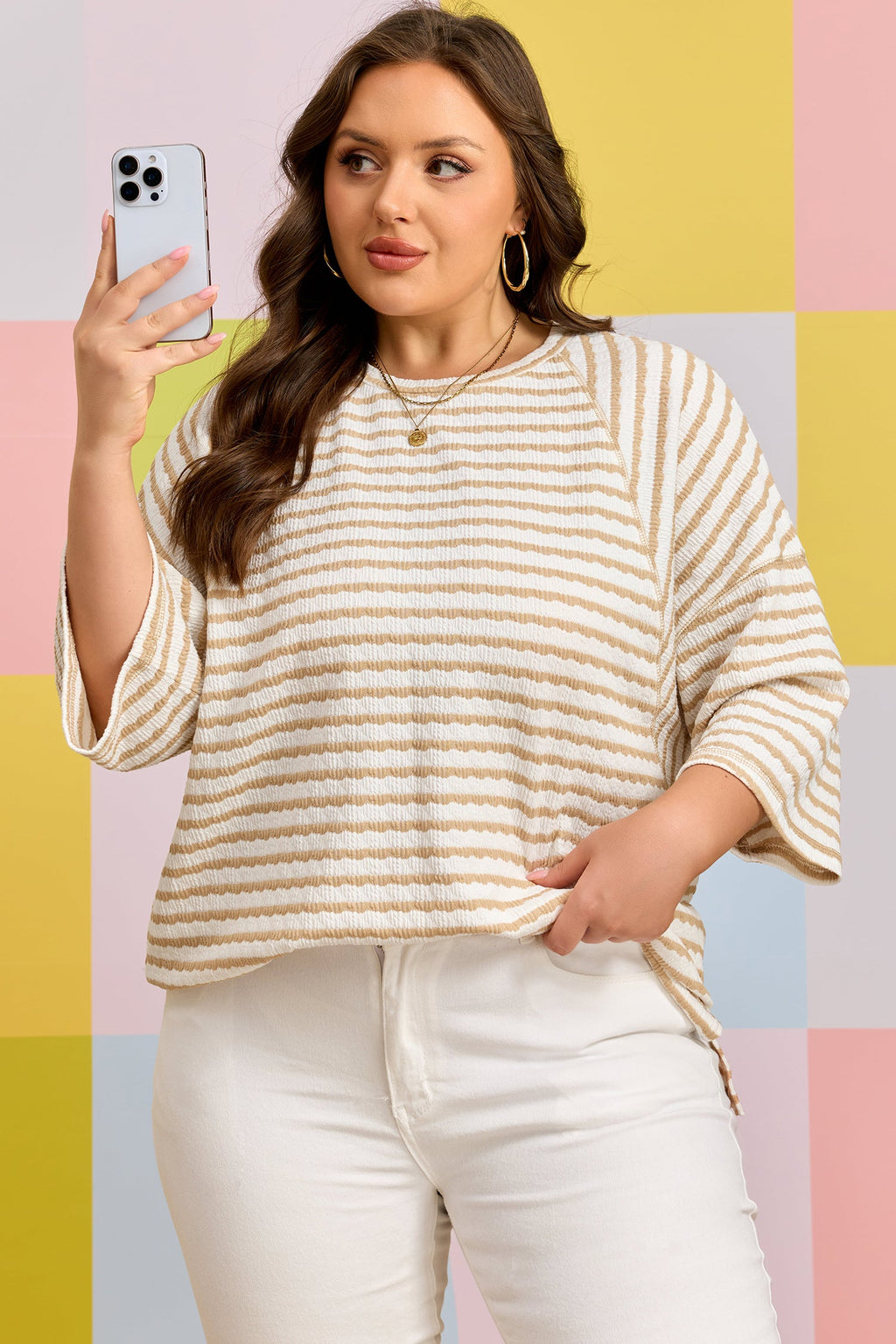 Plus Size Stripe Textured Patchwork 3/4 Sleeve Top