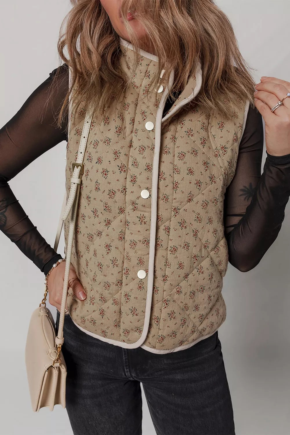 Floral Print Quilted Concealed Button Vest