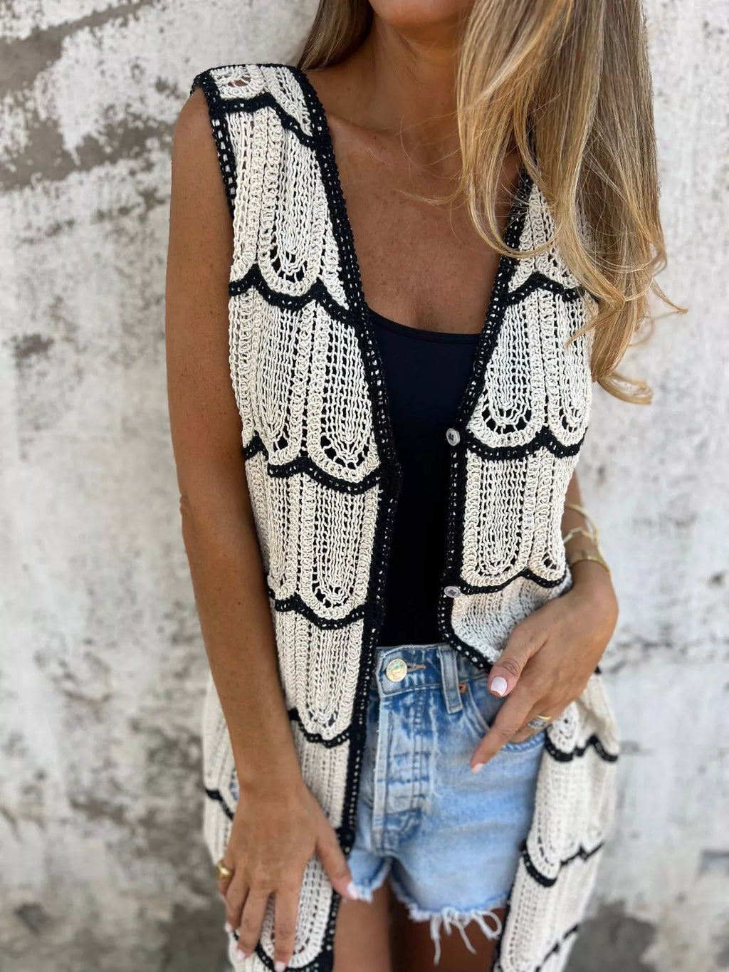 Sleeveless Crochet Longline Cardigan