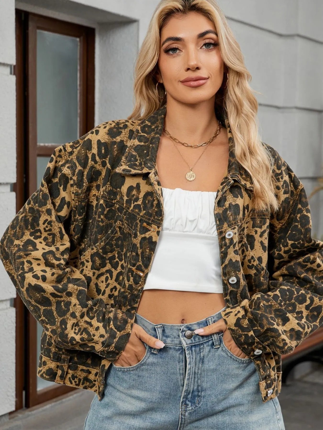 Leopard Print Button Up Denim Jacket