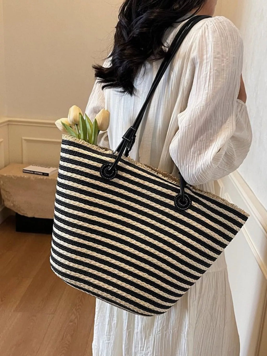 Striped Woven Straw Shoulder Bag