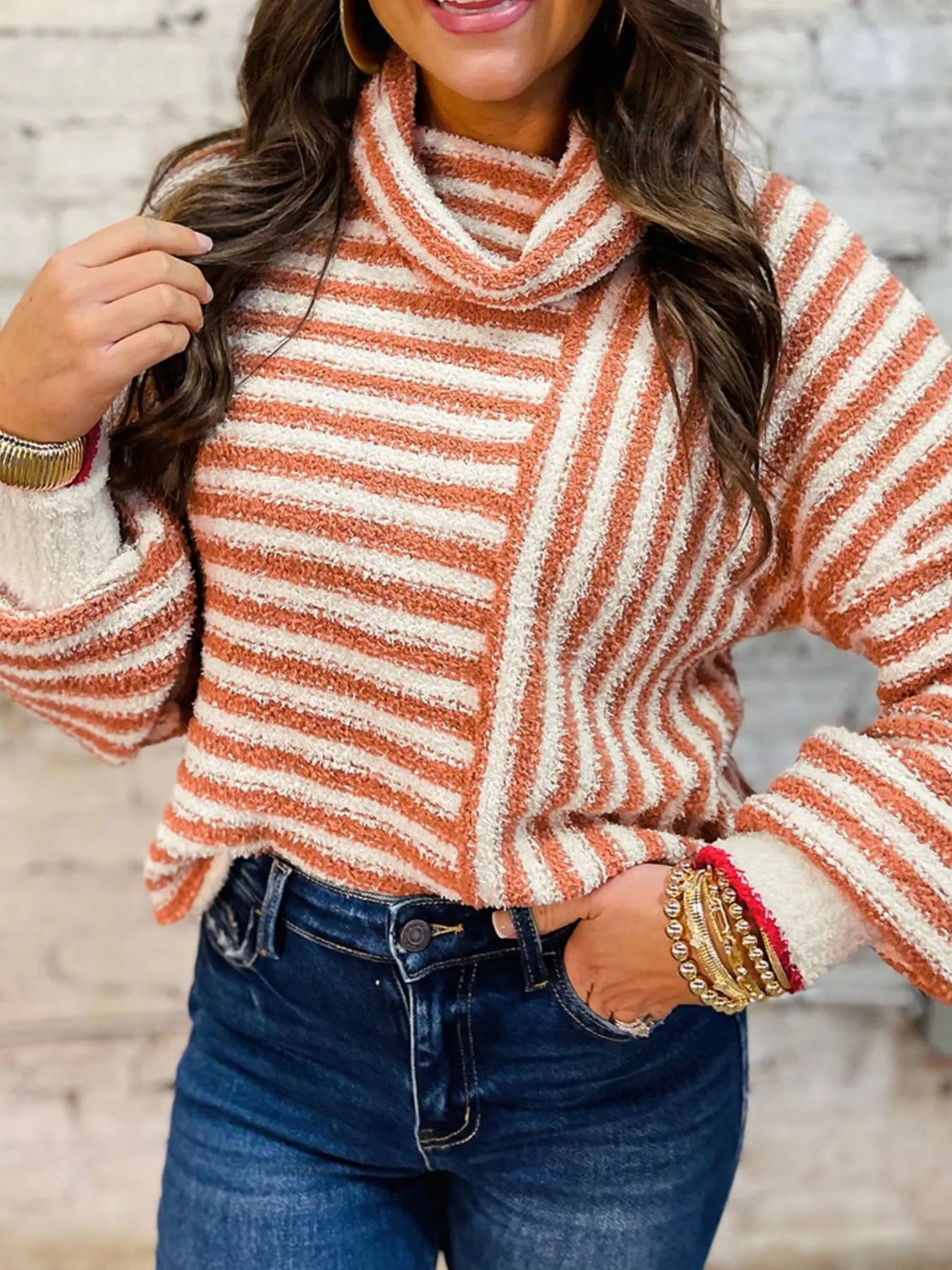 Striped Cowl Neck Long Sleeve Sweater