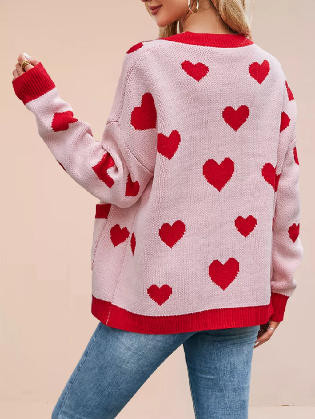 Heart Pattern Button-Up Knit Cardigan