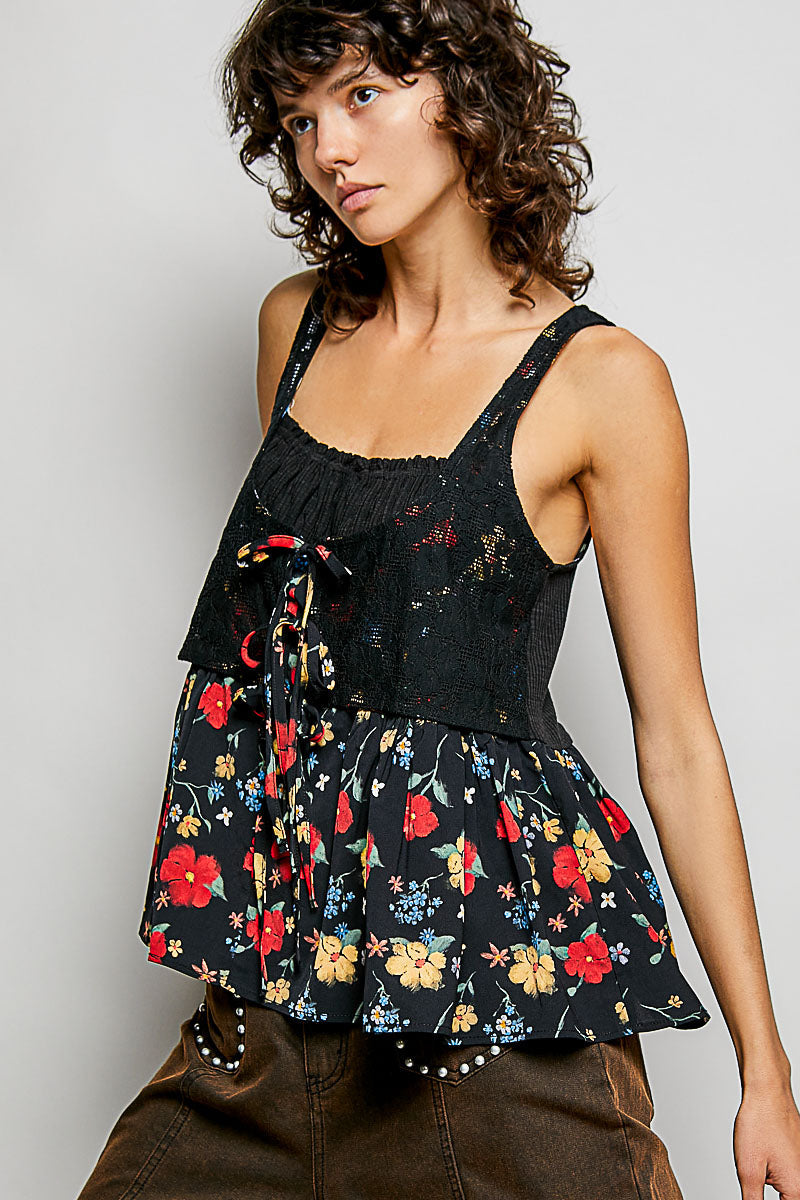 POL Ribbed Sleeveless Top with Lace Bust Floral Woven Patch