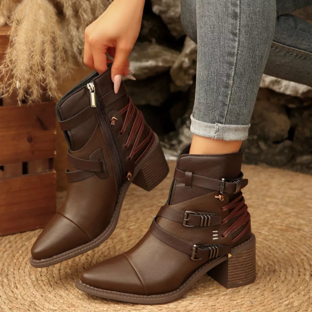 Point Toe Buckle Strap Ankle Boots with Block Heels