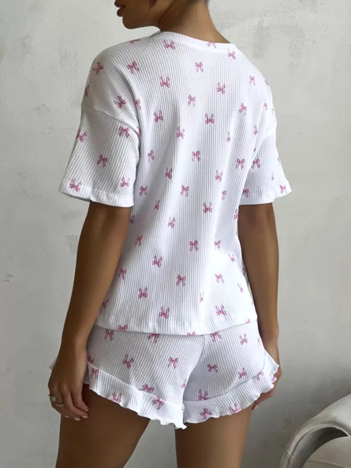 Ribbed Knit Bow Print Top and Shorts Lounge Set