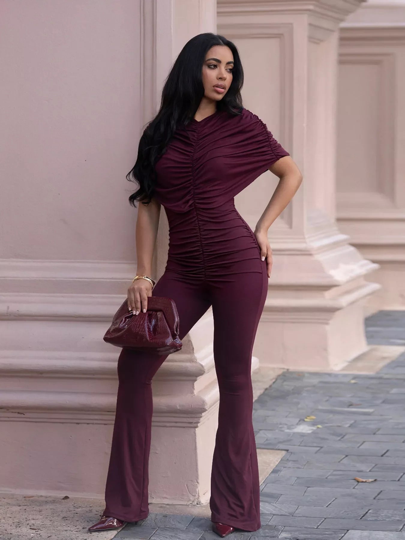Ruched Flare Leg Jumpsuit