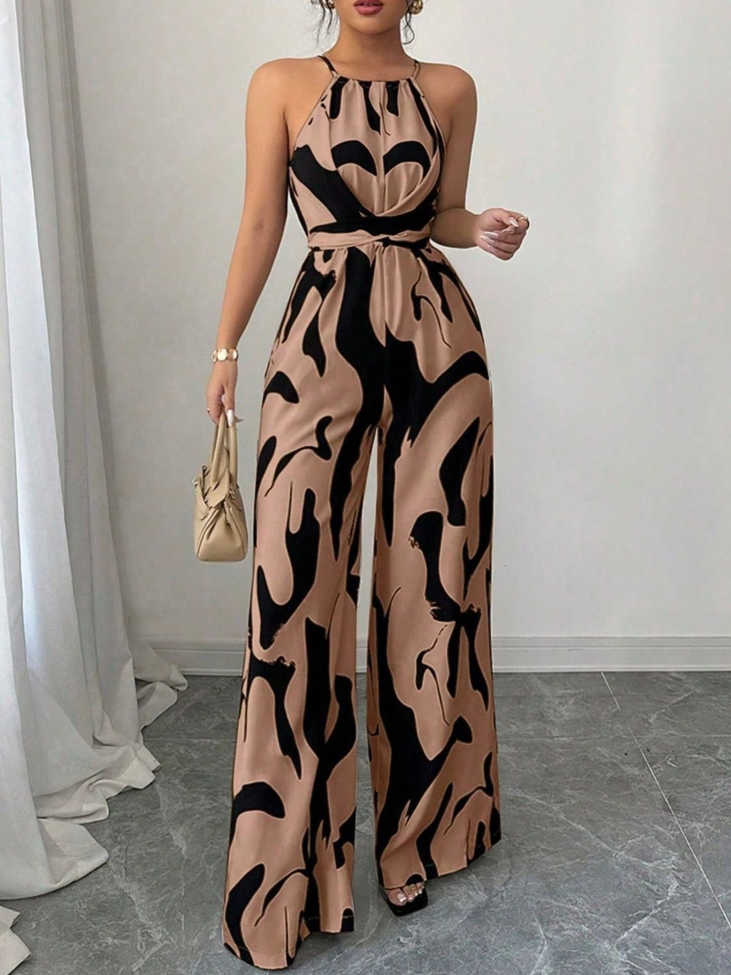 Abstract Print Sleeveless Wide Leg Jumpsuit