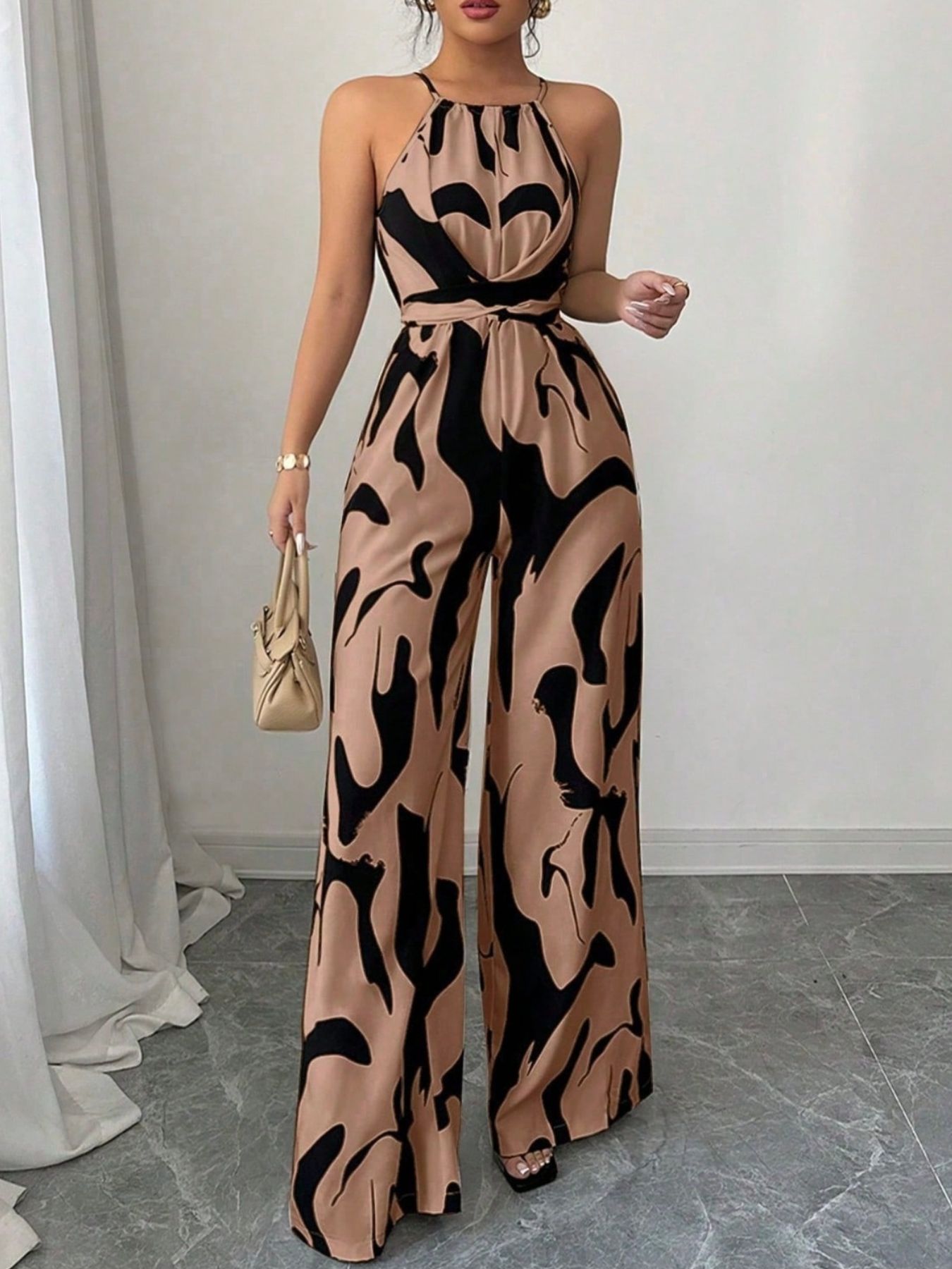 Abstract Print Sleeveless Wide Leg Jumpsuit