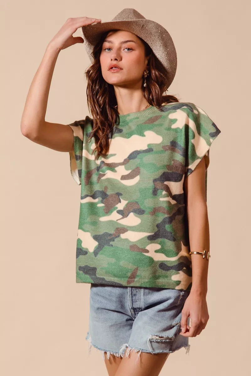 SO ME Camouflage Print Dolman Soft Sweater Top